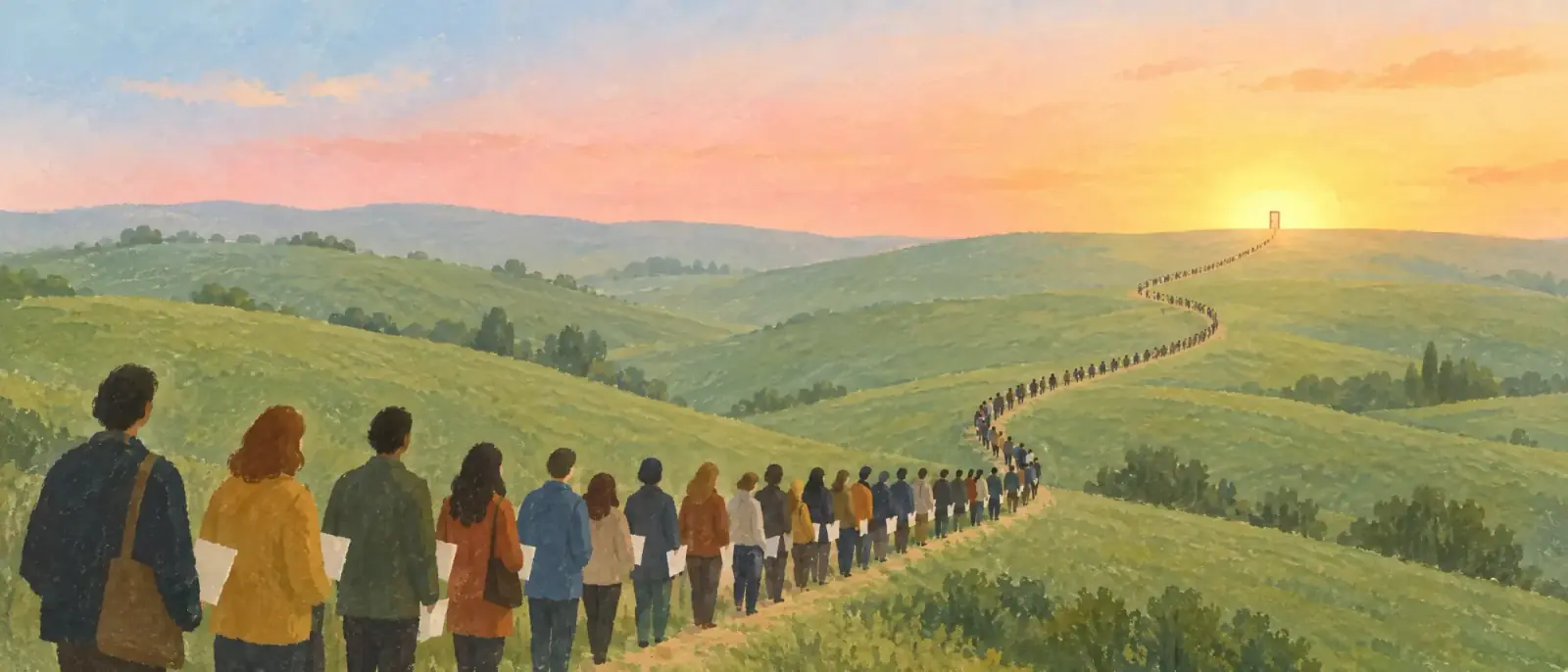 A long line of job seekers holding resumes, stretching to a single door at sunrise: the 2026 job market