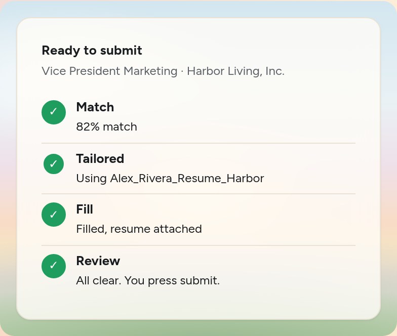 The SideStep panel: ready to submit, resume attached